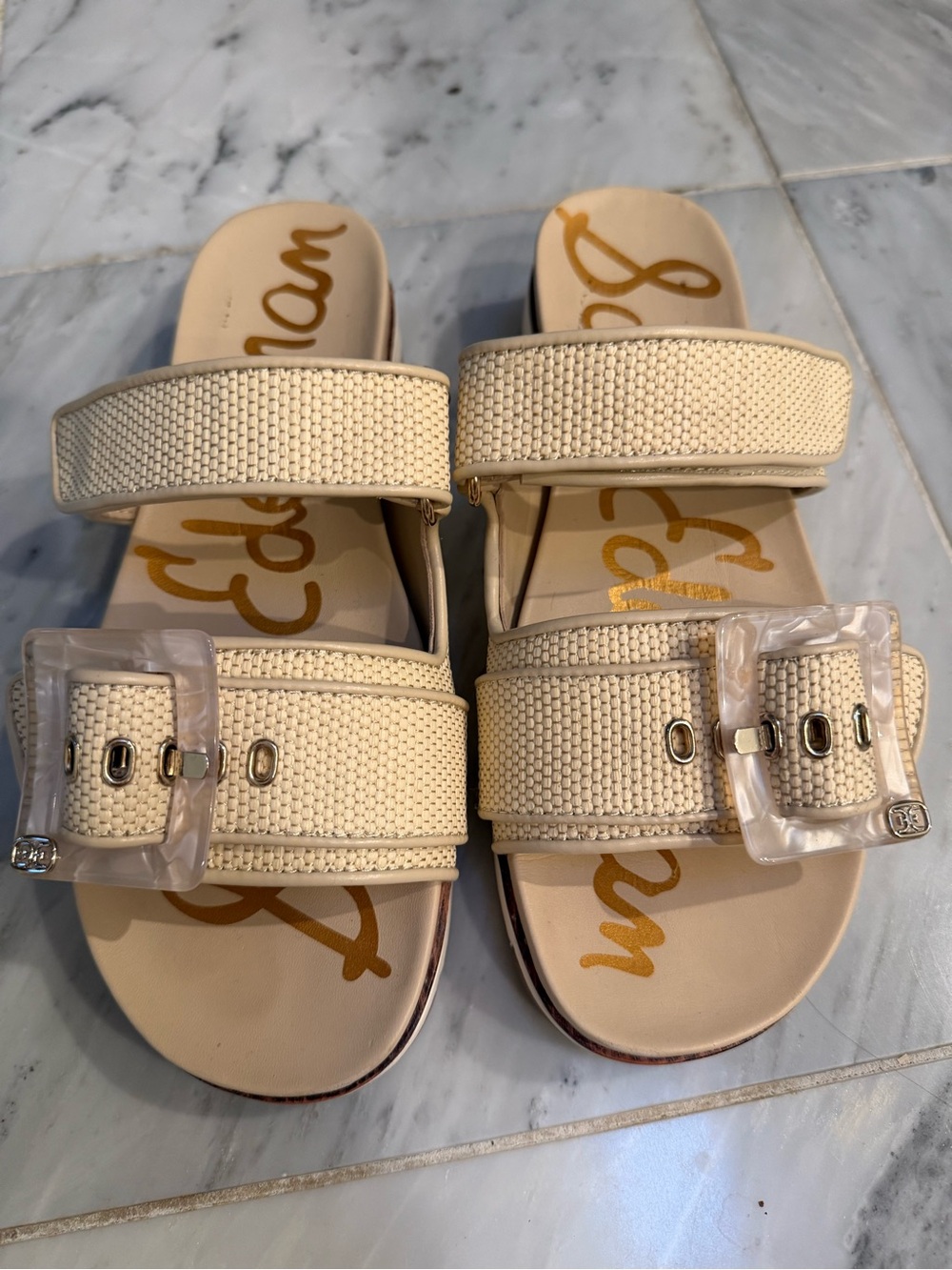 Sam Edelman Ivory Raffia Darla Multi Buckle Slide Sandals Size 7.5